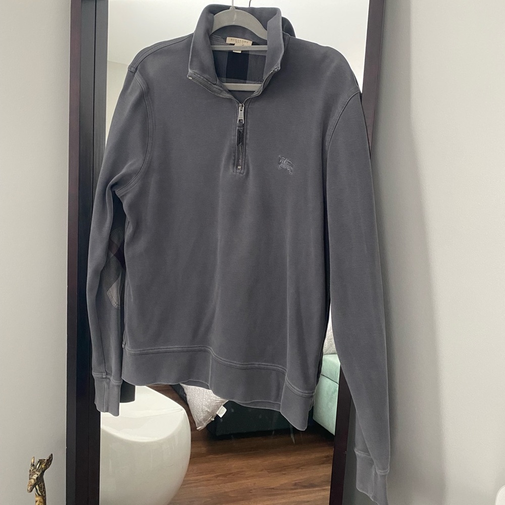 Burberry mens gray quarter zip with nova check details on elbow size large